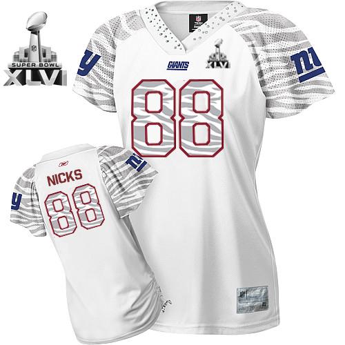 Giants #88 Hakeem Nicks White Women's Zebra Field Flirt Super Bowl XLVI Stitched NFL Jersey